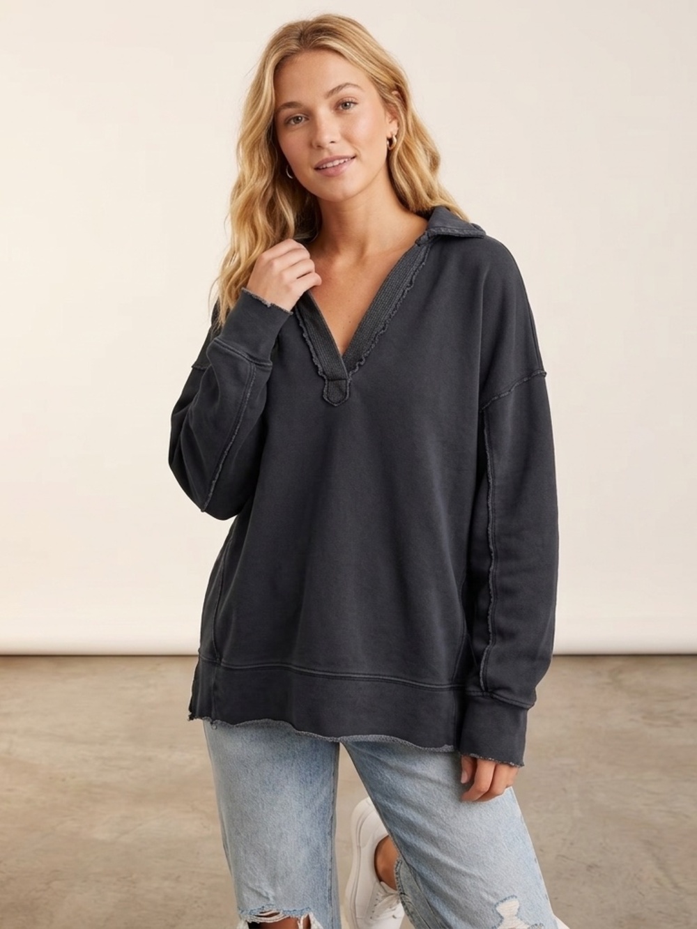 Aerie Sunday Soft Gameday Sweatshirt Charcoal Gray V-Neck Pullover M